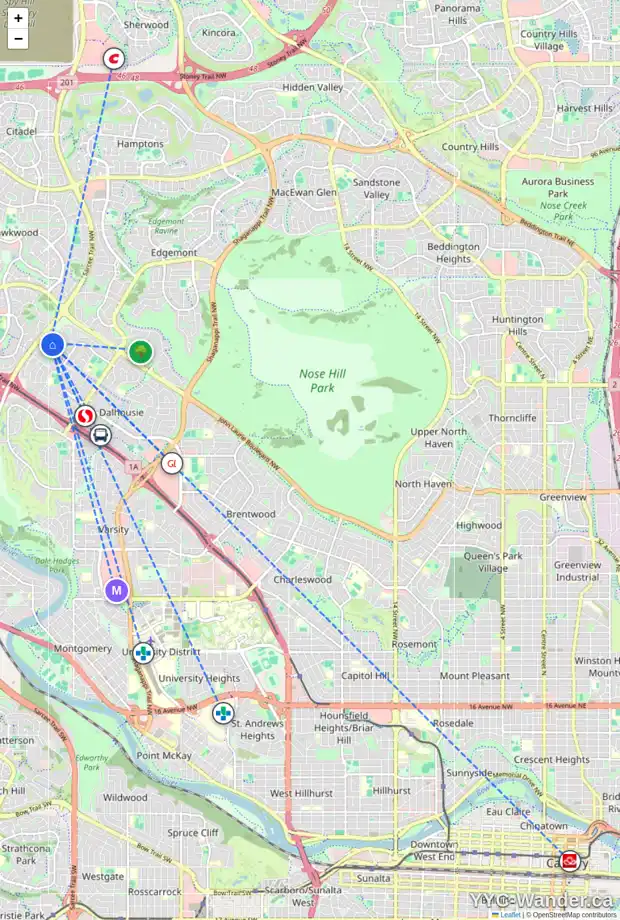 Daily accessibility map for 5863 DALCASTLE DR NW, Calgary showing nearby schools, grocery stores, parks, LRT stations and nearby amenities