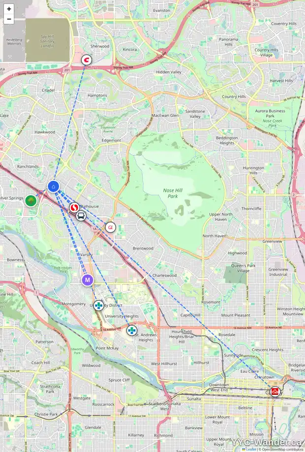 Daily accessibility map for 408 DALCASTLE ME NW, Calgary showing nearby schools, grocery stores, parks, LRT stations and nearby amenities
