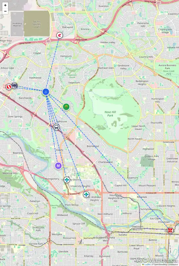 Daily accessibility map for 54 HAWKWOOD BV NW, Calgary showing nearby schools, grocery stores, parks, LRT stations and nearby amenities