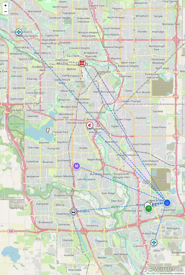 Daily accessibility map for 264 NEW BRIGHTON GV SE, Calgary showing nearby schools, grocery stores, parks, LRT stations and nearby amenities