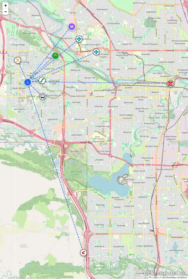 Daily accessibility map for 7 ASPEN SUMMIT PA SW, Calgary showing nearby schools, grocery stores, parks, LRT stations and nearby amenities