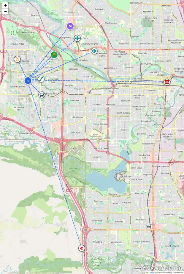 Daily accessibility map for 12 ASPEN SUMMIT PA SW, Calgary showing nearby schools, grocery stores, parks, LRT stations and nearby amenities