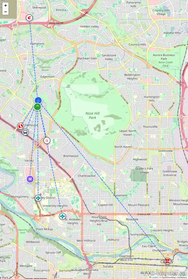 Daily accessibility map for 200 EDGEMONT ESTATES DR NW, Calgary showing nearby schools, grocery stores, parks, LRT stations and nearby amenities