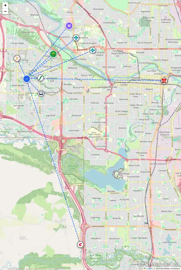 Daily accessibility map for 23 ASPEN SUMMIT PA SW, Calgary showing nearby schools, grocery stores, parks, LRT stations and nearby amenities