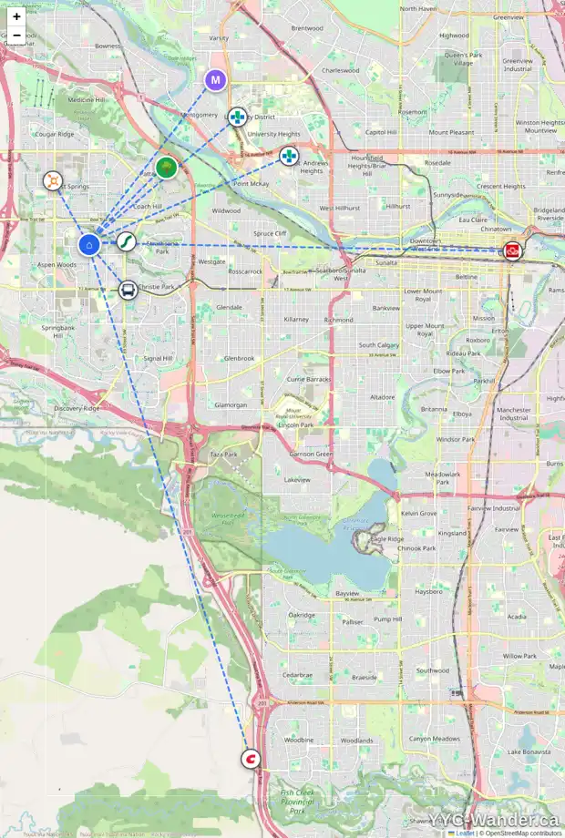 Daily accessibility map for 22 ASPEN SUMMIT GR SW, Calgary showing nearby schools, grocery stores, parks, LRT stations and nearby amenities