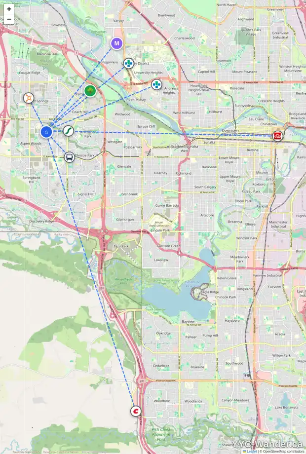 Daily accessibility map for 32 ASPEN SUMMIT PA SW, Calgary showing nearby schools, grocery stores, parks, LRT stations and nearby amenities