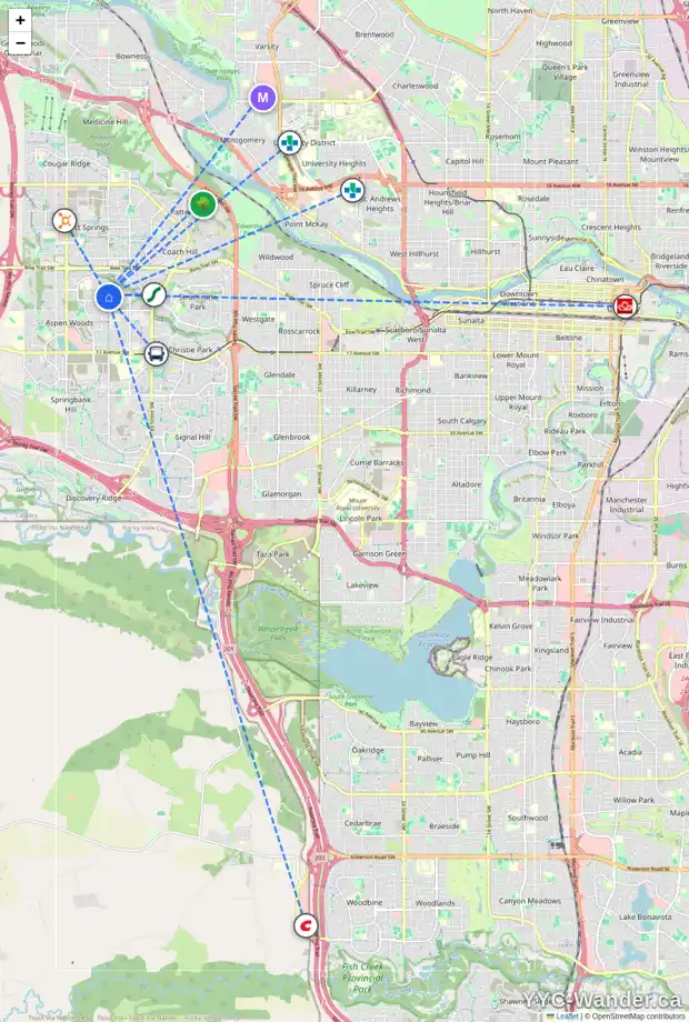 Daily accessibility map for 30 ASPEN SUMMIT GR SW, Calgary showing nearby schools, grocery stores, parks, LRT stations and nearby amenities