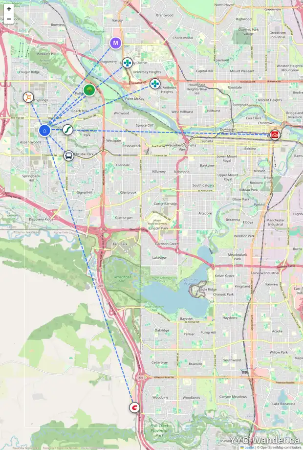 Daily accessibility map for 35 ASPEN SUMMIT PA SW, Calgary showing nearby schools, grocery stores, parks, LRT stations and nearby amenities