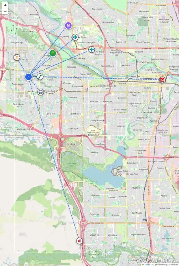 Daily accessibility map for 38 ASPEN SUMMIT GR SW, Calgary showing nearby schools, grocery stores, parks, LRT stations and nearby amenities