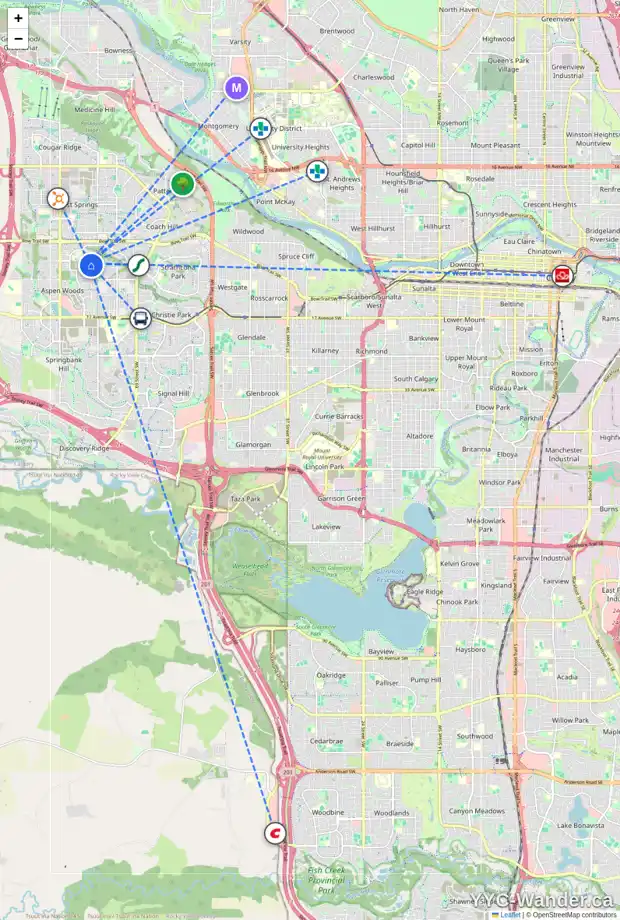 Daily accessibility map for 43 ASPEN SUMMIT PA SW, Calgary showing nearby schools, grocery stores, parks, LRT stations and nearby amenities