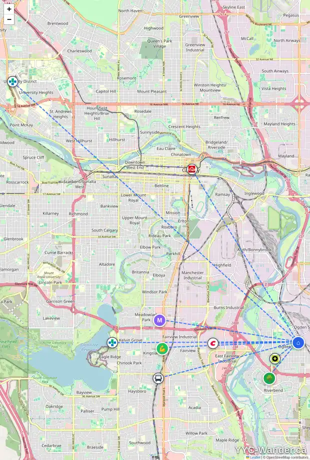 Daily accessibility map for 2428 CRESTWOOD RD SE, Calgary showing nearby schools, grocery stores, parks, LRT stations and nearby amenities
