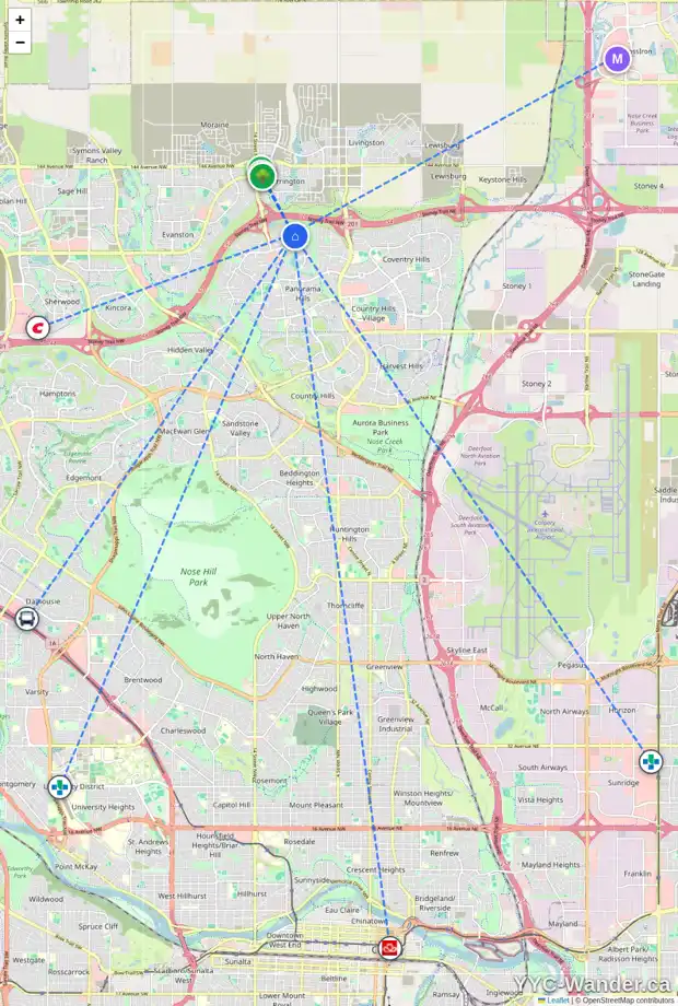 Daily accessibility map for 50 PANTON VW NW, Calgary showing nearby schools, grocery stores, parks, LRT stations and nearby amenities