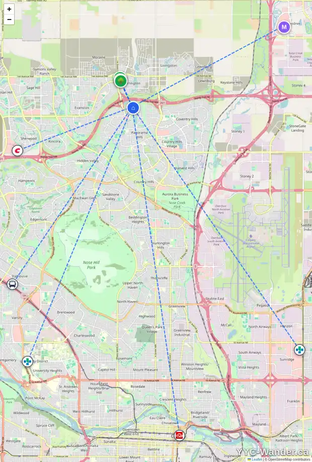 Daily accessibility map for 36 PANTON RD NW, Calgary showing nearby schools, grocery stores, parks, LRT stations and nearby amenities