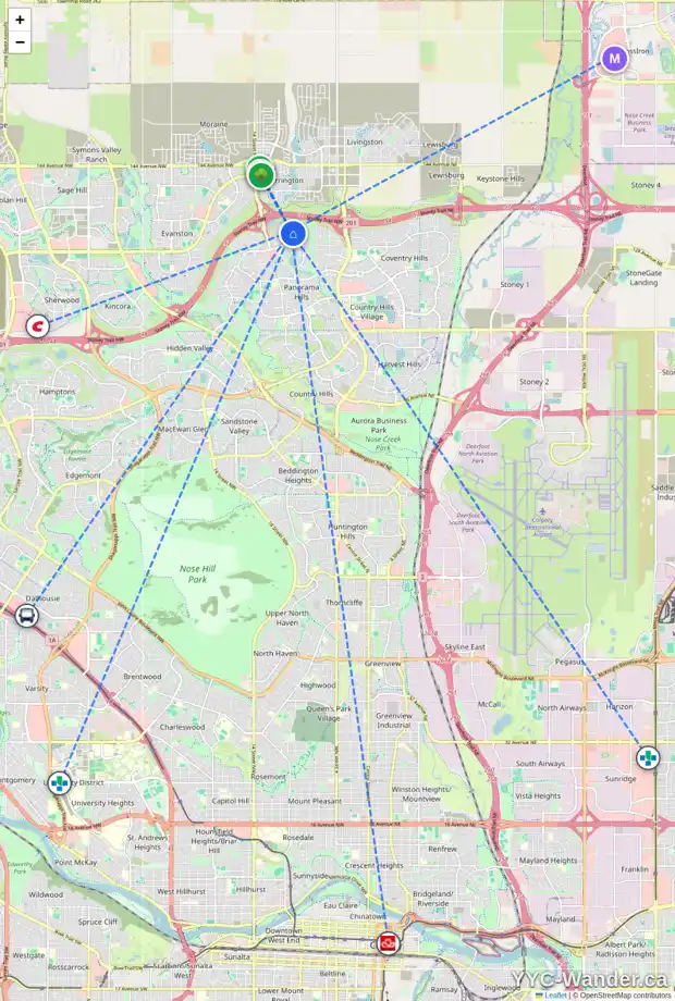 Daily accessibility map for 62 PANTON VW NW, Calgary showing nearby schools, grocery stores, parks, LRT stations and nearby amenities