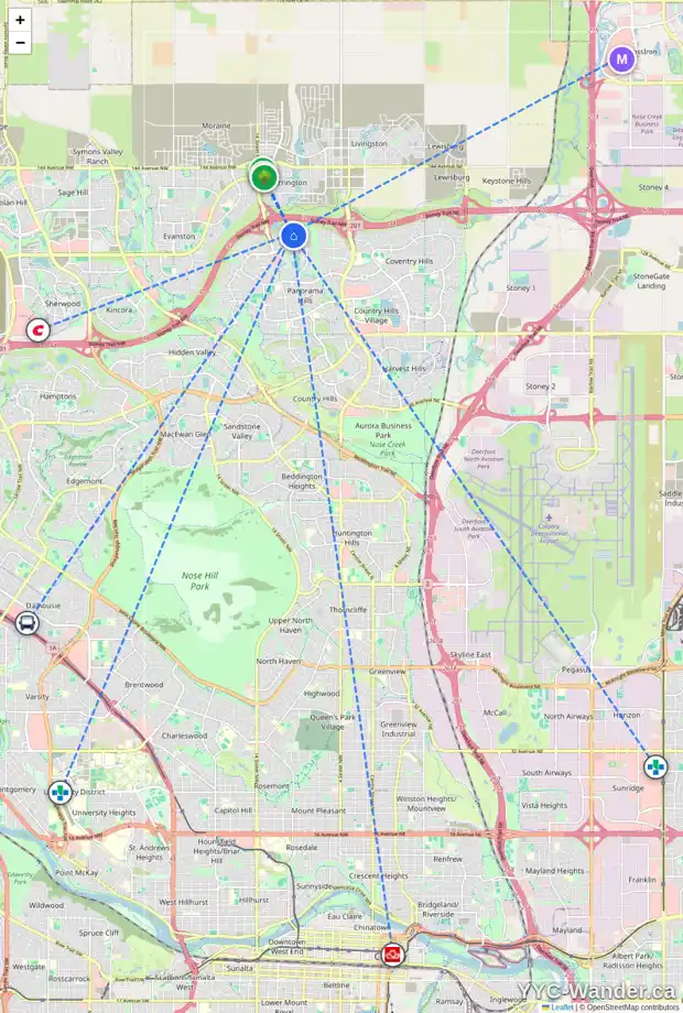 Daily accessibility map for 75 PANTON VW NW, Calgary showing nearby schools, grocery stores, parks, LRT stations and nearby amenities
