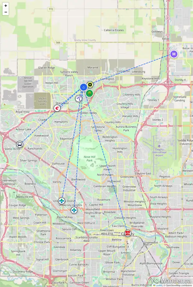 Daily accessibility map for 458 EVANSTON DR NW, Calgary showing nearby schools, grocery stores, parks, LRT stations and nearby amenities