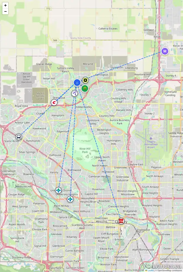 Daily accessibility map for 39 EVANSRIDGE LI NW, Calgary showing nearby schools, grocery stores, parks, LRT stations and nearby amenities