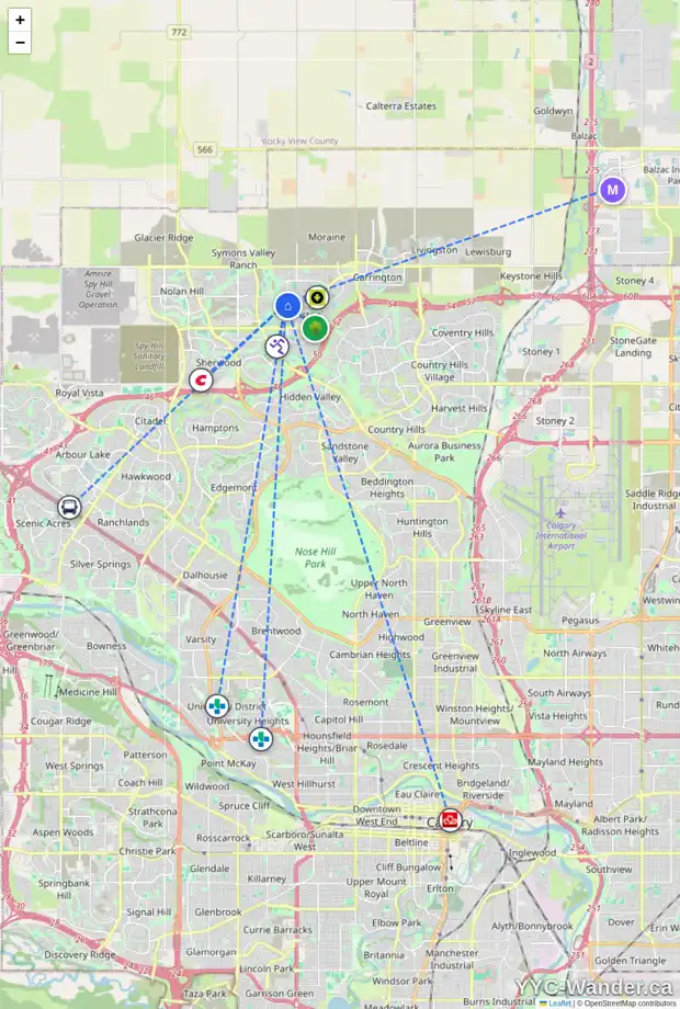 Daily accessibility map for 543 EVANSTON DR NW, Calgary showing nearby schools, grocery stores, parks, LRT stations and nearby amenities