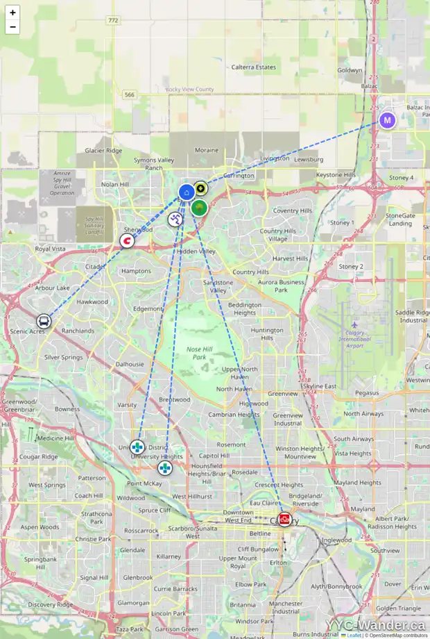 Daily accessibility map for 185 EVANSRIDGE CL NW, Calgary showing nearby schools, grocery stores, parks, LRT stations and nearby amenities