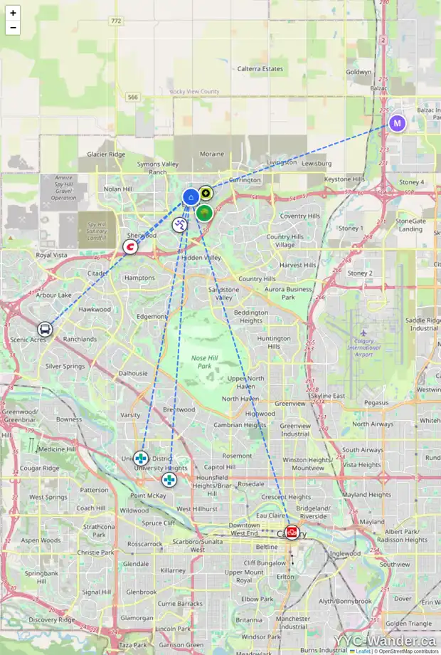 Daily accessibility map for 189 EVANSRIDGE CL NW, Calgary showing nearby schools, grocery stores, parks, LRT stations and nearby amenities