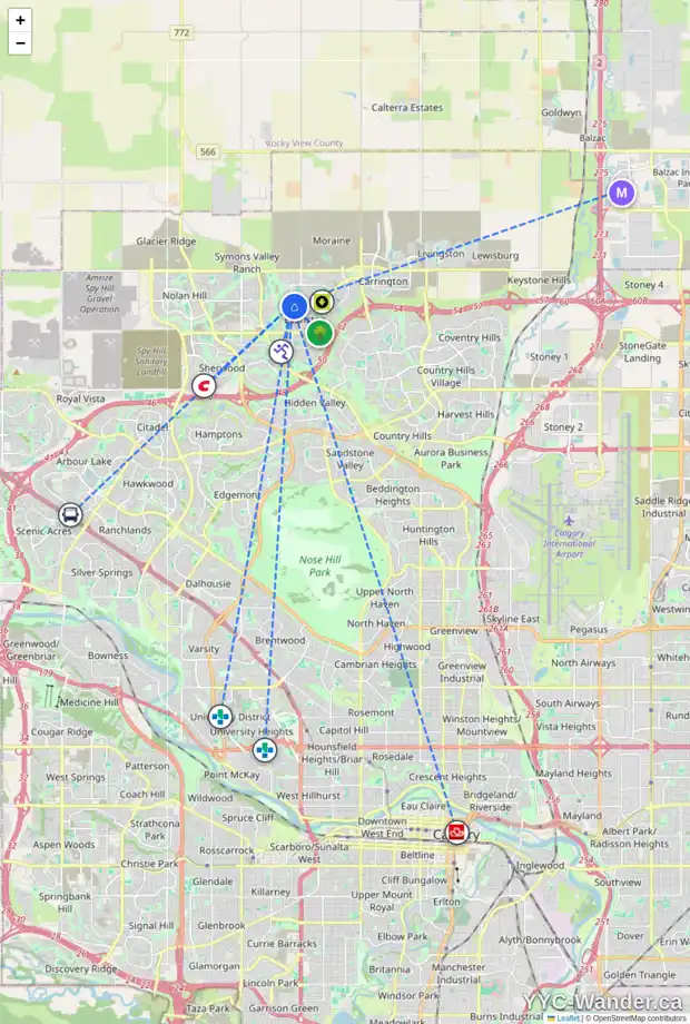 Daily accessibility map for 584 EVANSTON DR NW, Calgary showing nearby schools, grocery stores, parks, LRT stations and nearby amenities