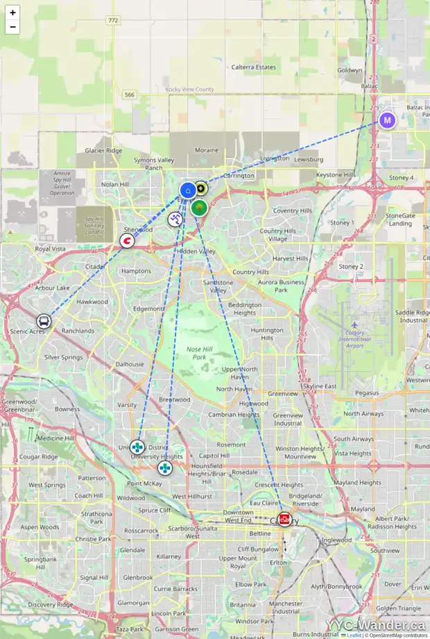 Daily accessibility map for 112 EVANSRIDGE CL NW, Calgary showing nearby schools, grocery stores, parks, LRT stations and nearby amenities