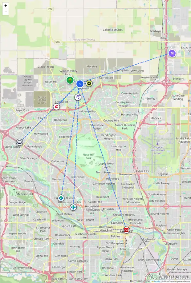 Daily accessibility map for 43 EVANSRIDGE VW NW, Calgary showing nearby schools, grocery stores, parks, LRT stations and nearby amenities