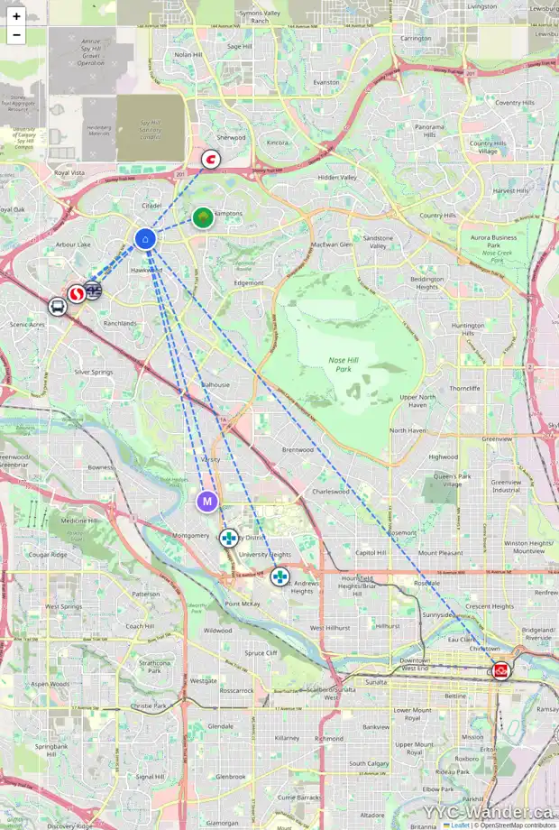 Daily accessibility map for 167 HAWKLAND CI NW, Calgary showing nearby schools, grocery stores, parks, LRT stations and nearby amenities