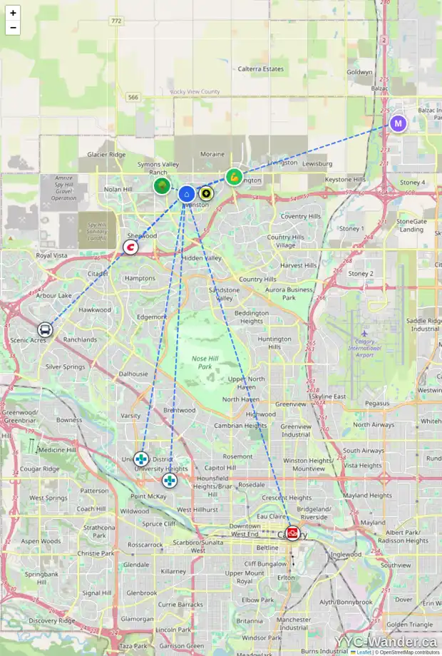 Daily accessibility map for 623 EVANSTON DR NW, Calgary showing nearby schools, grocery stores, parks, LRT stations and nearby amenities