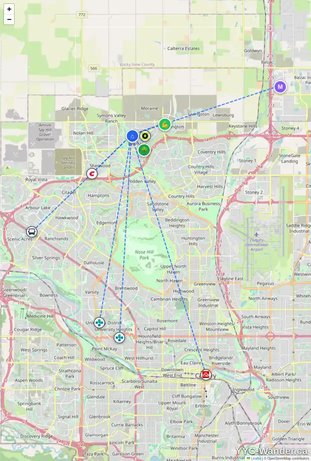 Daily accessibility map for 628 EVANSTON DR NW, Calgary showing nearby schools, grocery stores, parks, LRT stations and nearby amenities
