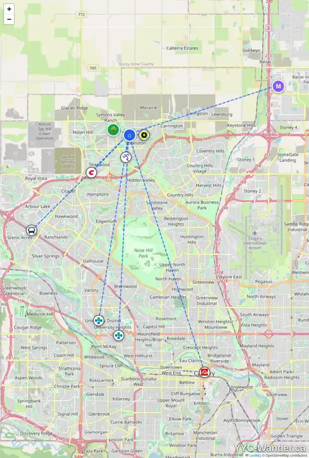 Daily accessibility map for 27 EVANSRIDGE VW NW, Calgary showing nearby schools, grocery stores, parks, LRT stations and nearby amenities