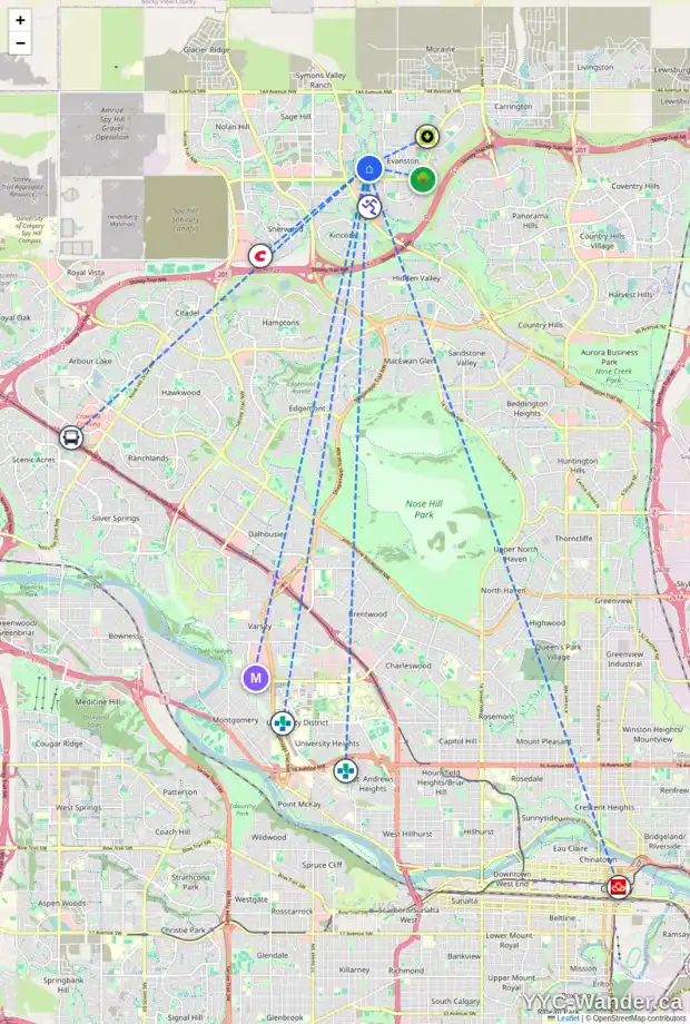 Daily accessibility map for 73 SAGE MEADOWS GR NW, Calgary showing nearby schools, grocery stores, parks, LRT stations and nearby amenities