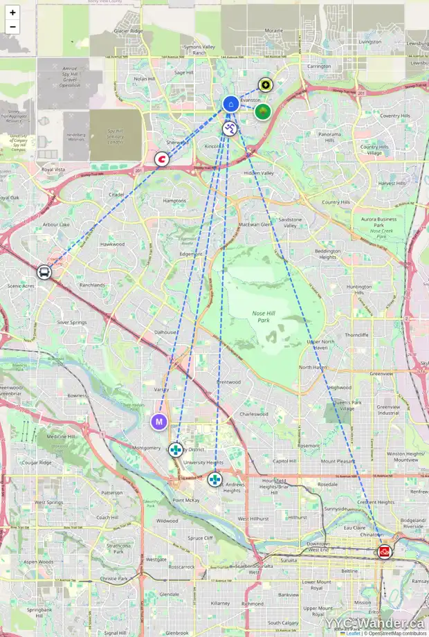 Daily accessibility map for 76 SAGE MEADOWS GR NW, Calgary showing nearby schools, grocery stores, parks, LRT stations and nearby amenities