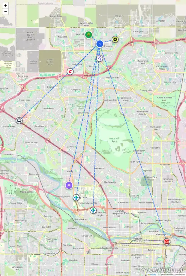 Daily accessibility map for 205 SAGE MEADOWS GR NW, Calgary showing nearby schools, grocery stores, parks, LRT stations and nearby amenities