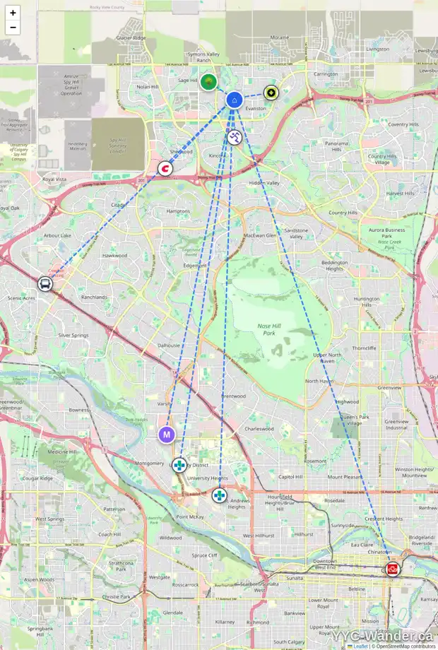Daily accessibility map for 233 SAGE MEADOWS GR NW, Calgary showing nearby schools, grocery stores, parks, LRT stations and nearby amenities