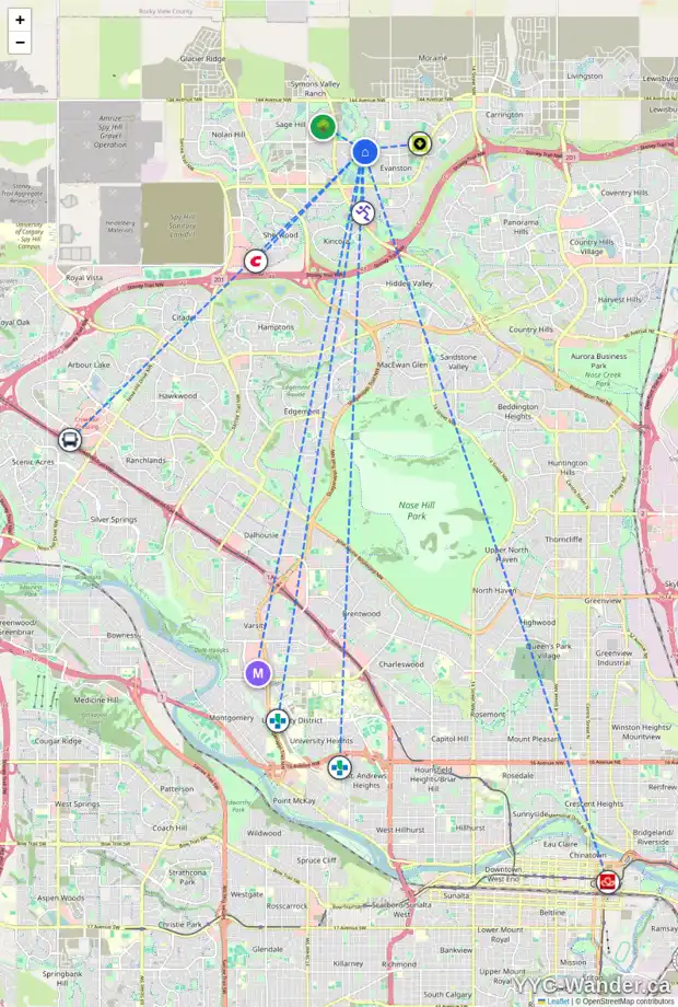 Daily accessibility map for 250 SAGE MEADOWS GR NW, Calgary showing nearby schools, grocery stores, parks, LRT stations and nearby amenities