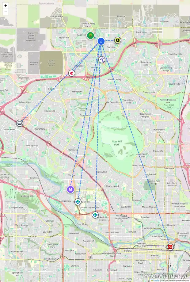 Daily accessibility map for 285 SAGE MEADOWS GR NW, Calgary showing nearby schools, grocery stores, parks, LRT stations and nearby amenities