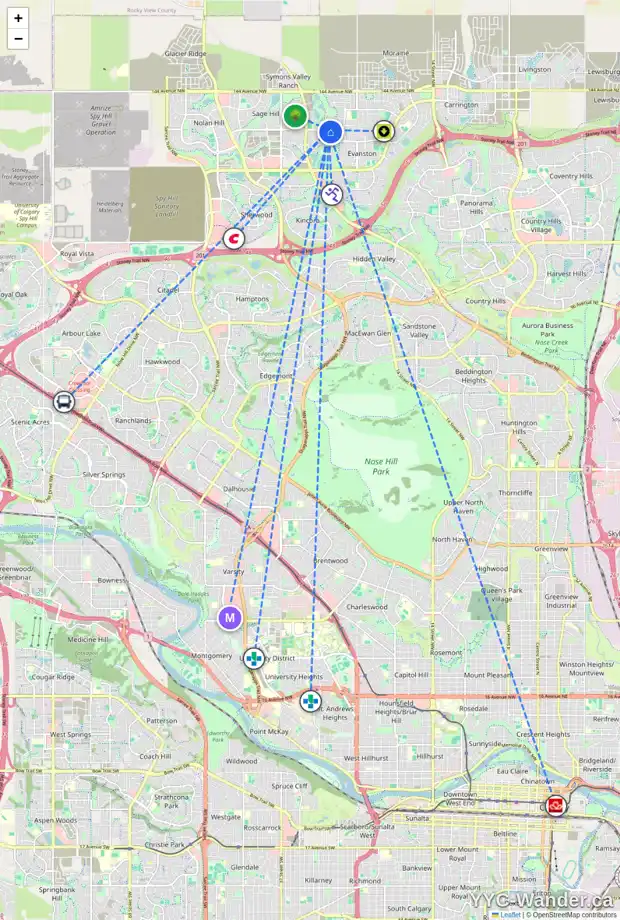 Daily accessibility map for 303 SAGE MEADOWS GR NW, Calgary showing nearby schools, grocery stores, parks, LRT stations and nearby amenities