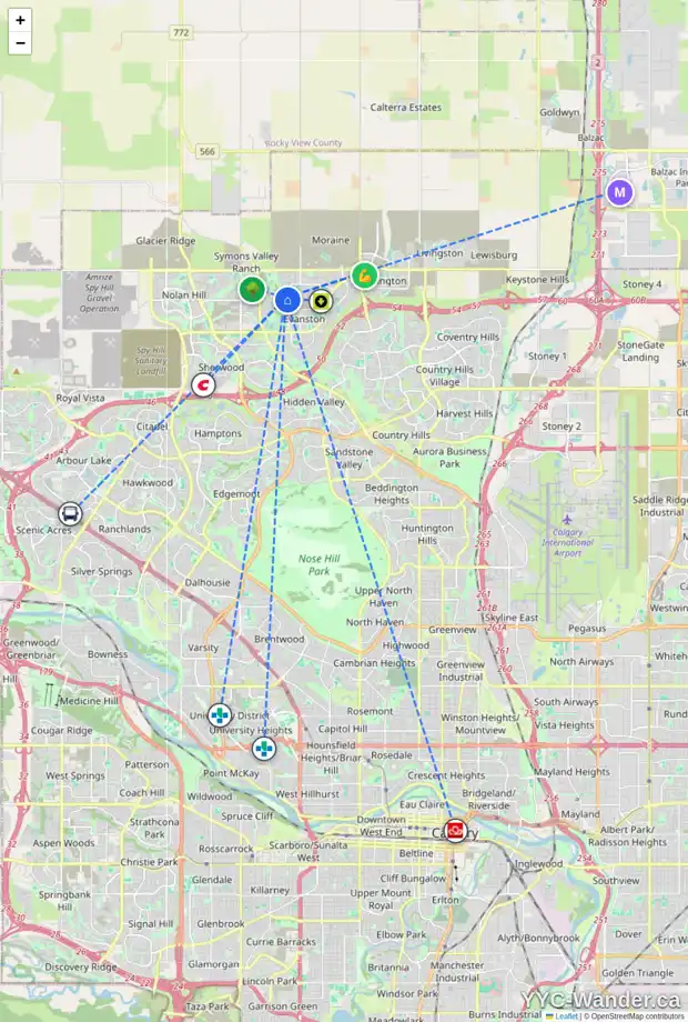Daily accessibility map for 153 EVANSRIDGE PL NW, Calgary showing nearby schools, grocery stores, parks, LRT stations and nearby amenities