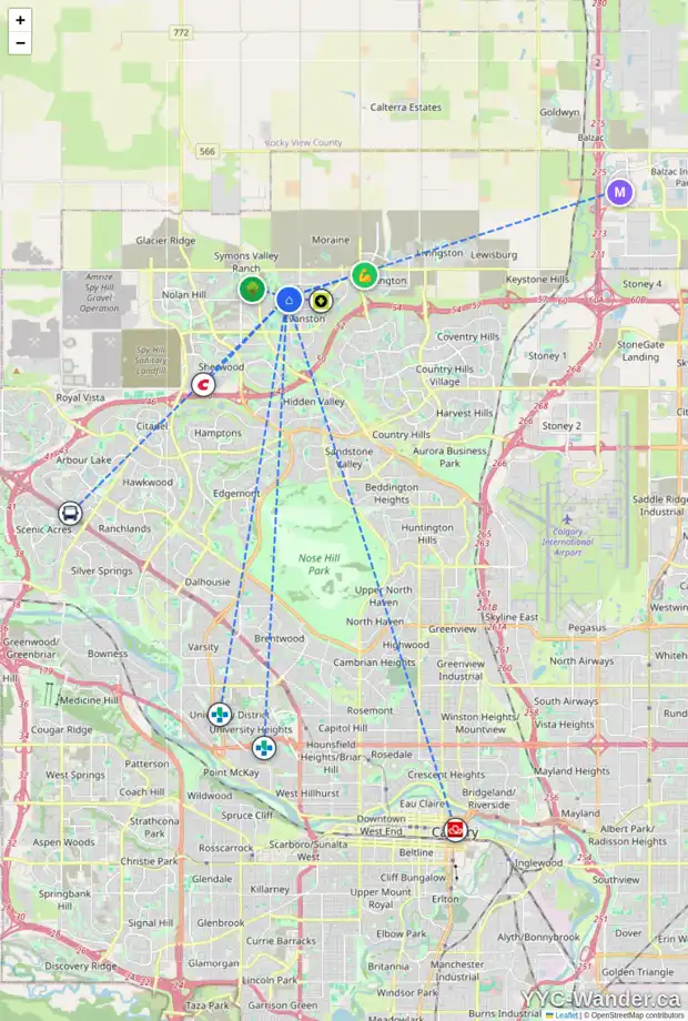 Daily accessibility map for 165 EVANSRIDGE PL NW, Calgary showing nearby schools, grocery stores, parks, LRT stations and nearby amenities