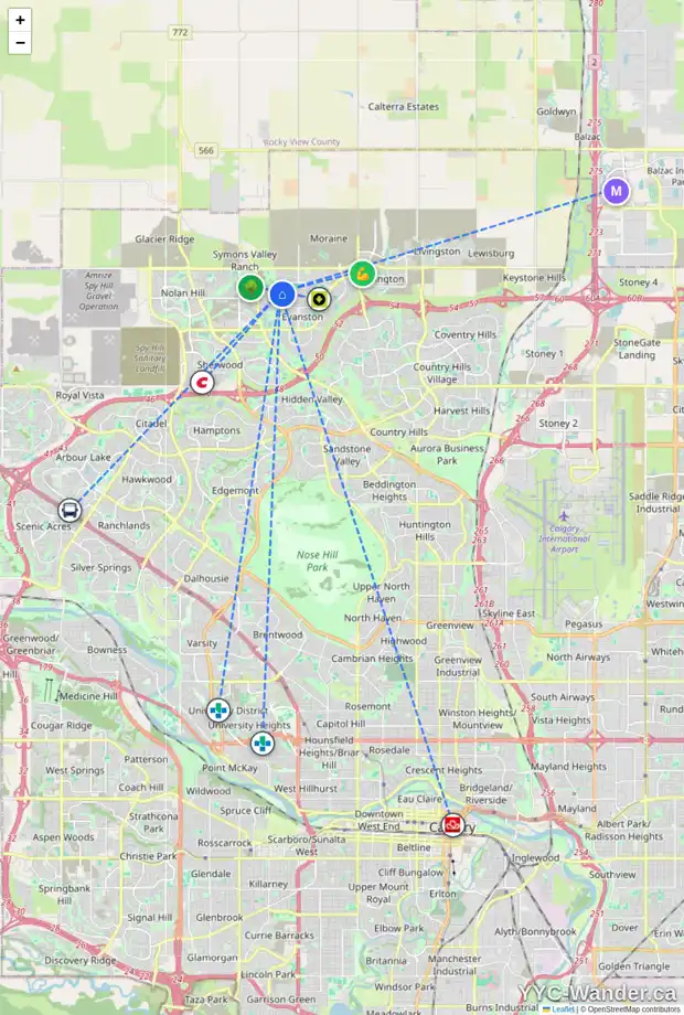 Daily accessibility map for 97 EVANSRIDGE PL NW, Calgary showing nearby schools, grocery stores, parks, LRT stations and nearby amenities