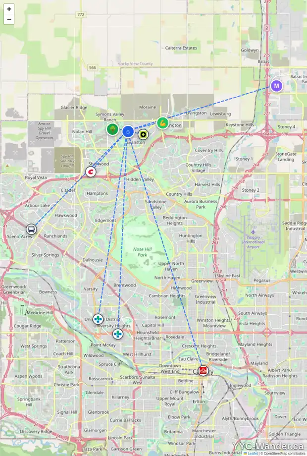 Daily accessibility map for 84 EVANSRIDGE PL NW, Calgary showing nearby schools, grocery stores, parks, LRT stations and nearby amenities