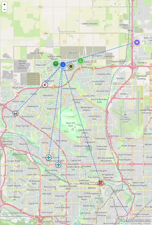 Daily accessibility map for 77 EVANSRIDGE PL NW, Calgary showing nearby schools, grocery stores, parks, LRT stations and nearby amenities