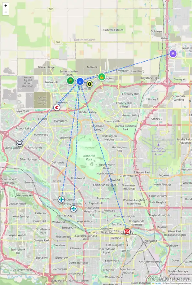 Daily accessibility map for 57 EVANSRIDGE PL NW, Calgary showing nearby schools, grocery stores, parks, LRT stations and nearby amenities