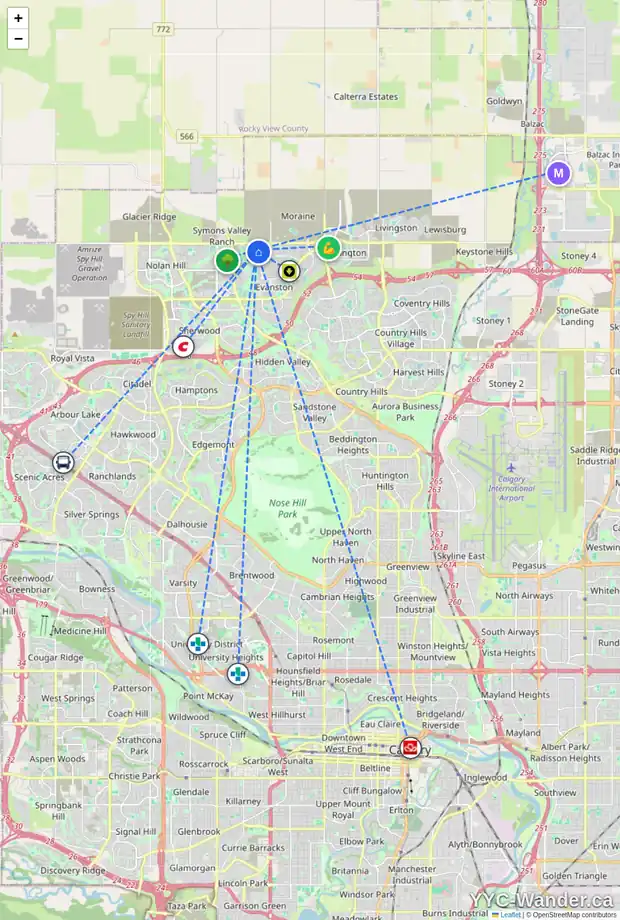 Daily accessibility map for 531 EVANSBOROUGH WY NW, Calgary showing nearby schools, grocery stores, parks, LRT stations and nearby amenities