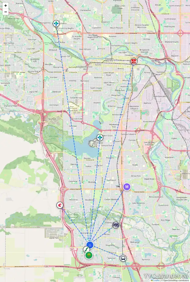 Daily accessibility map for 2205 230 EVERSYDE BV SW, Calgary showing nearby schools, grocery stores, parks, LRT stations and nearby amenities