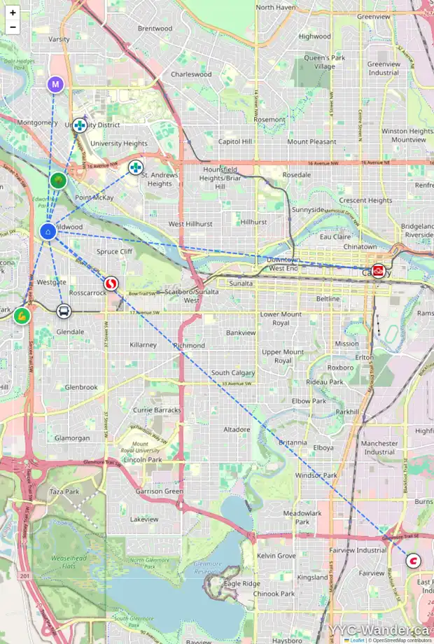 Daily accessibility map for 447 WILDWOOD DR SW, Calgary showing nearby schools, grocery stores, parks, LRT stations and nearby amenities