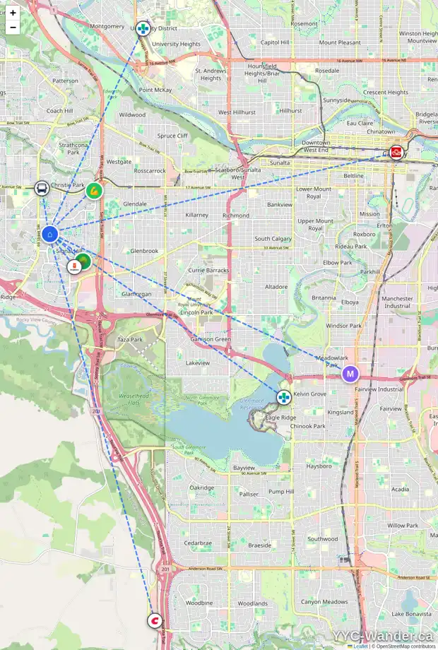 Daily accessibility map for 3 SIENNA PARK GV SW, Calgary showing nearby schools, grocery stores, parks, LRT stations and nearby amenities