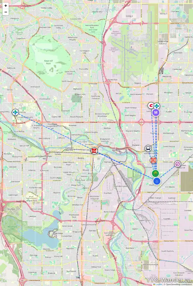 Daily accessibility map for 3420 33A AV SE, Calgary showing nearby schools, grocery stores, parks, LRT stations and nearby amenities