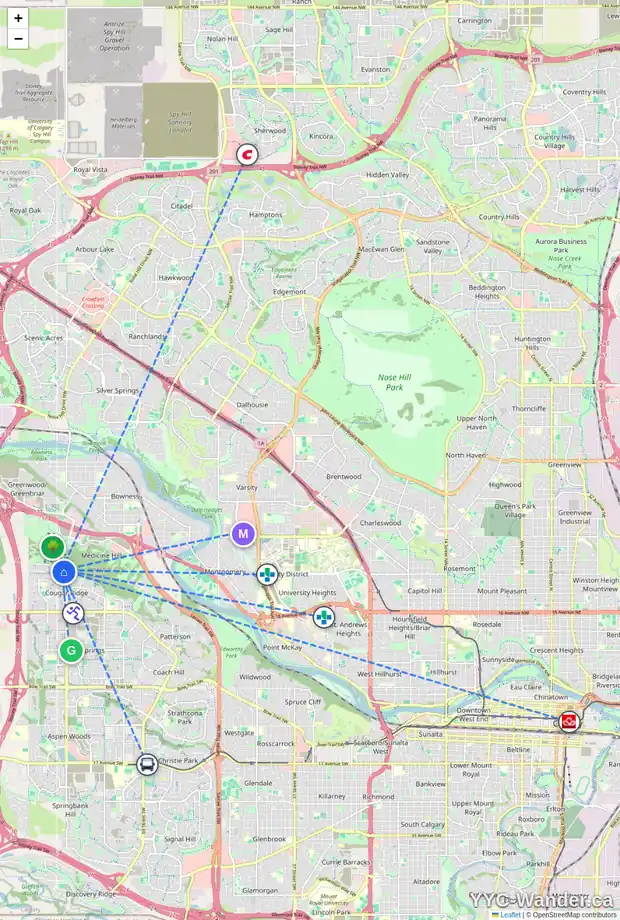 Daily accessibility map for 77 COUGAR RIDGE CV SW, Calgary showing nearby schools, grocery stores, parks, LRT stations and nearby amenities